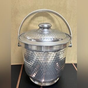 Vintage Italian Insulated Hammered Aluminum Ice Bucket With Lid and tongs